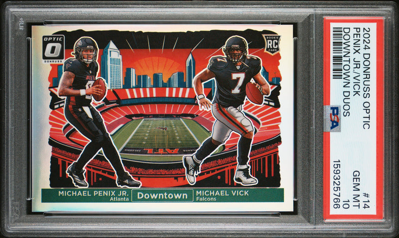 Michael Penix Jr Michael Vick 2024 Donruss Optic Dual Downtown! Rookie SSP #14 PSA 10-1