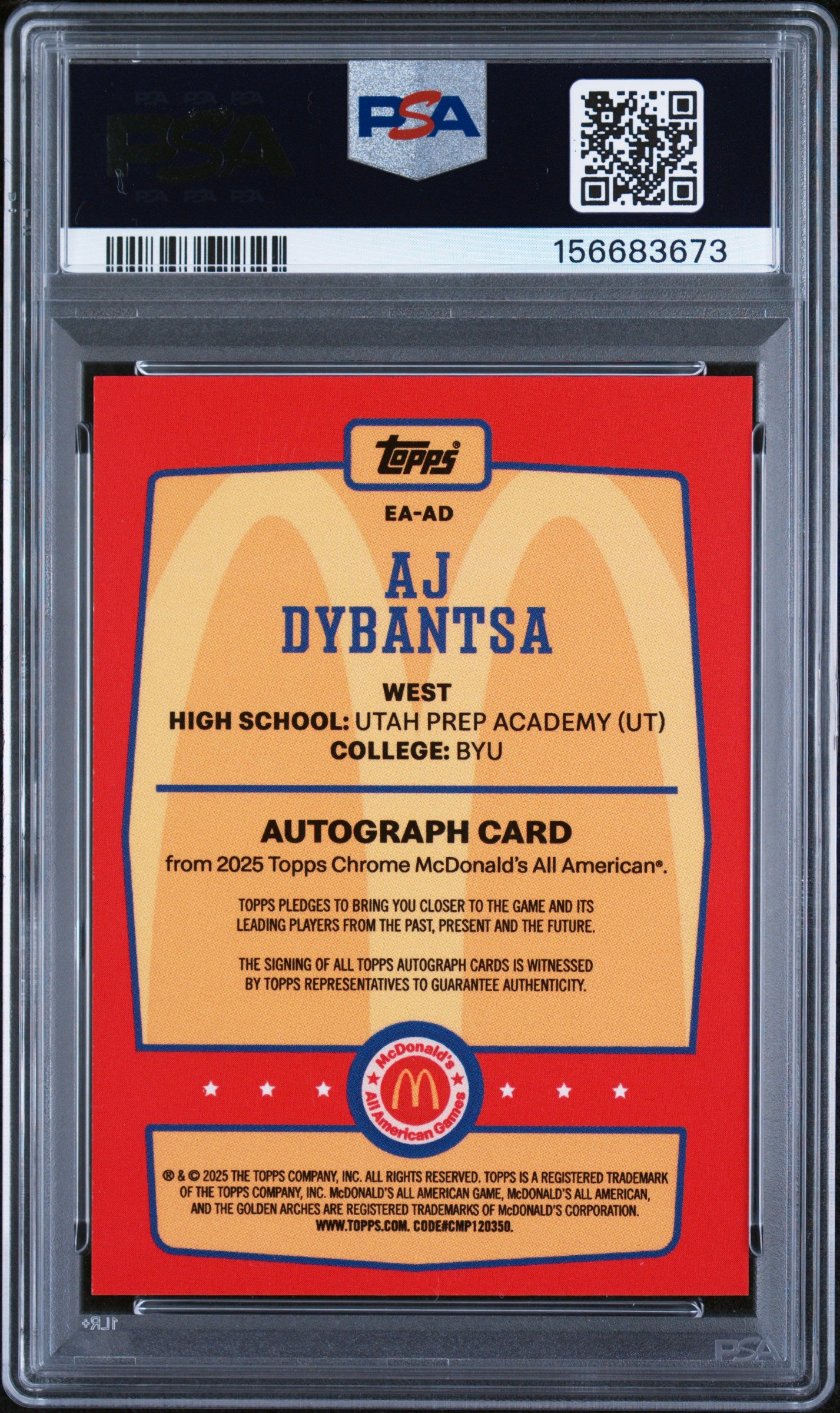Aj Dybantsa RC 2025 Topps Mcdonalds All American Event Rookie Auto PSA 9-2