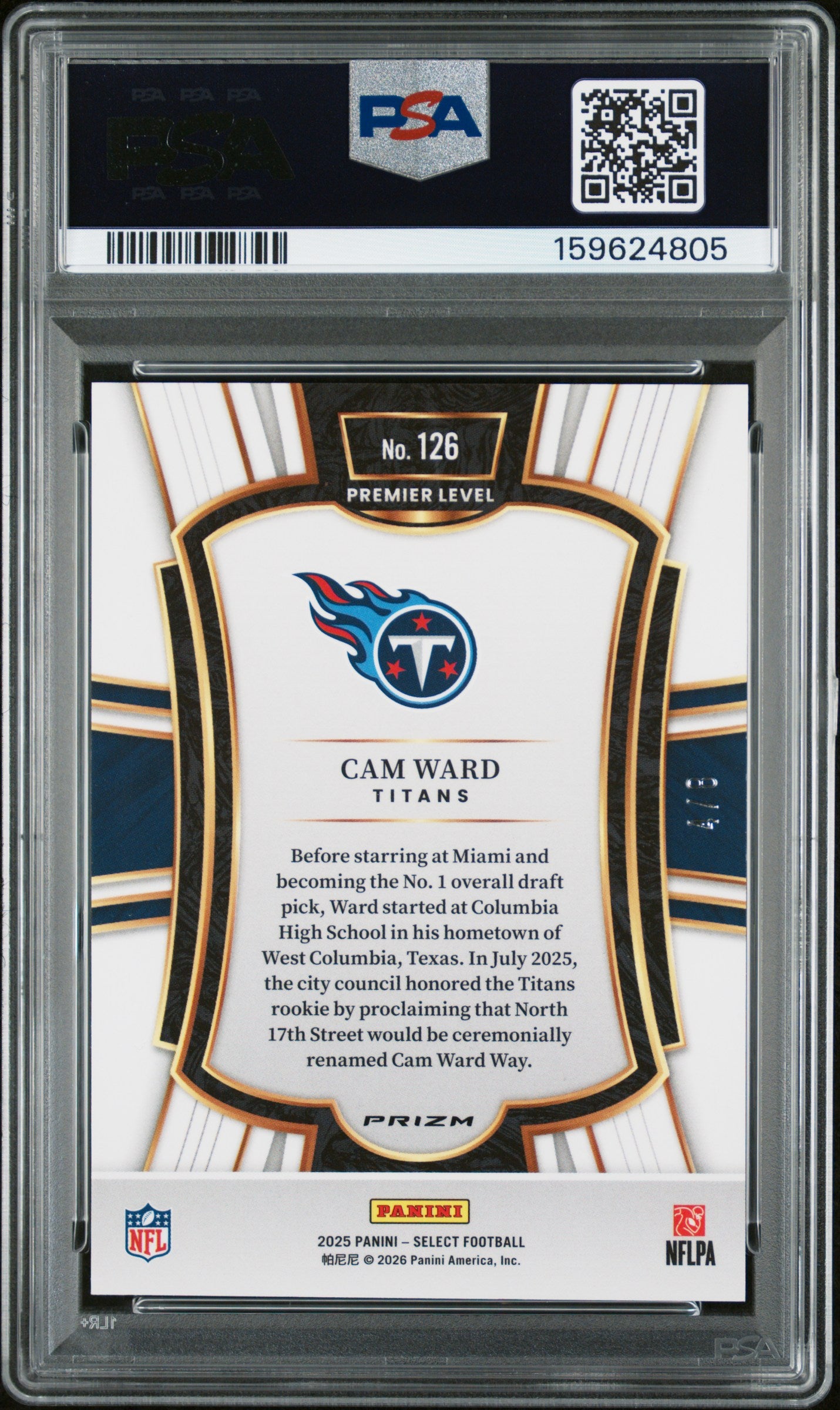 Cam Ward RC 2025 Panini Select Premier Level Lucky Envelope Rookie SP 4/8 PSA 9-2