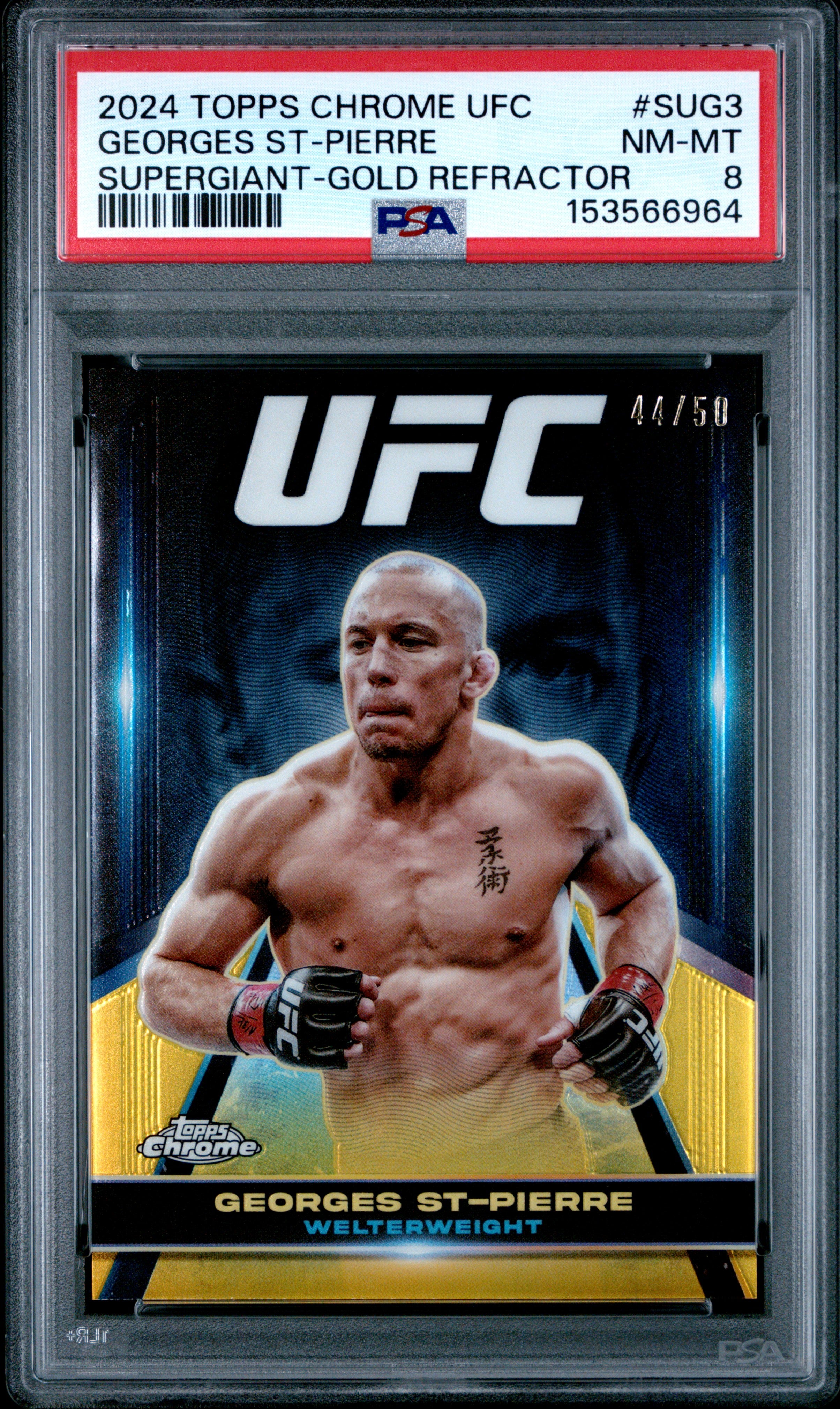 George St Pierre 2024 Topps Chrome UFC Gold Refractor Supergiant SP 44/50 PSA 8
