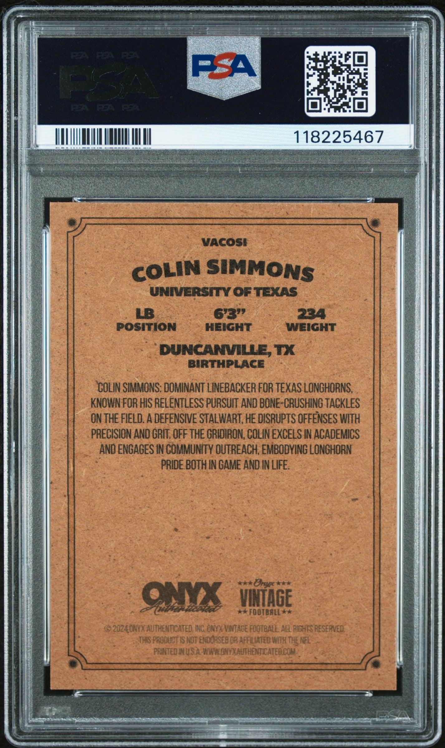 Colin Simmons RC 2024 Onyx Vintage Blue Ink Rookie Auto PSA 9