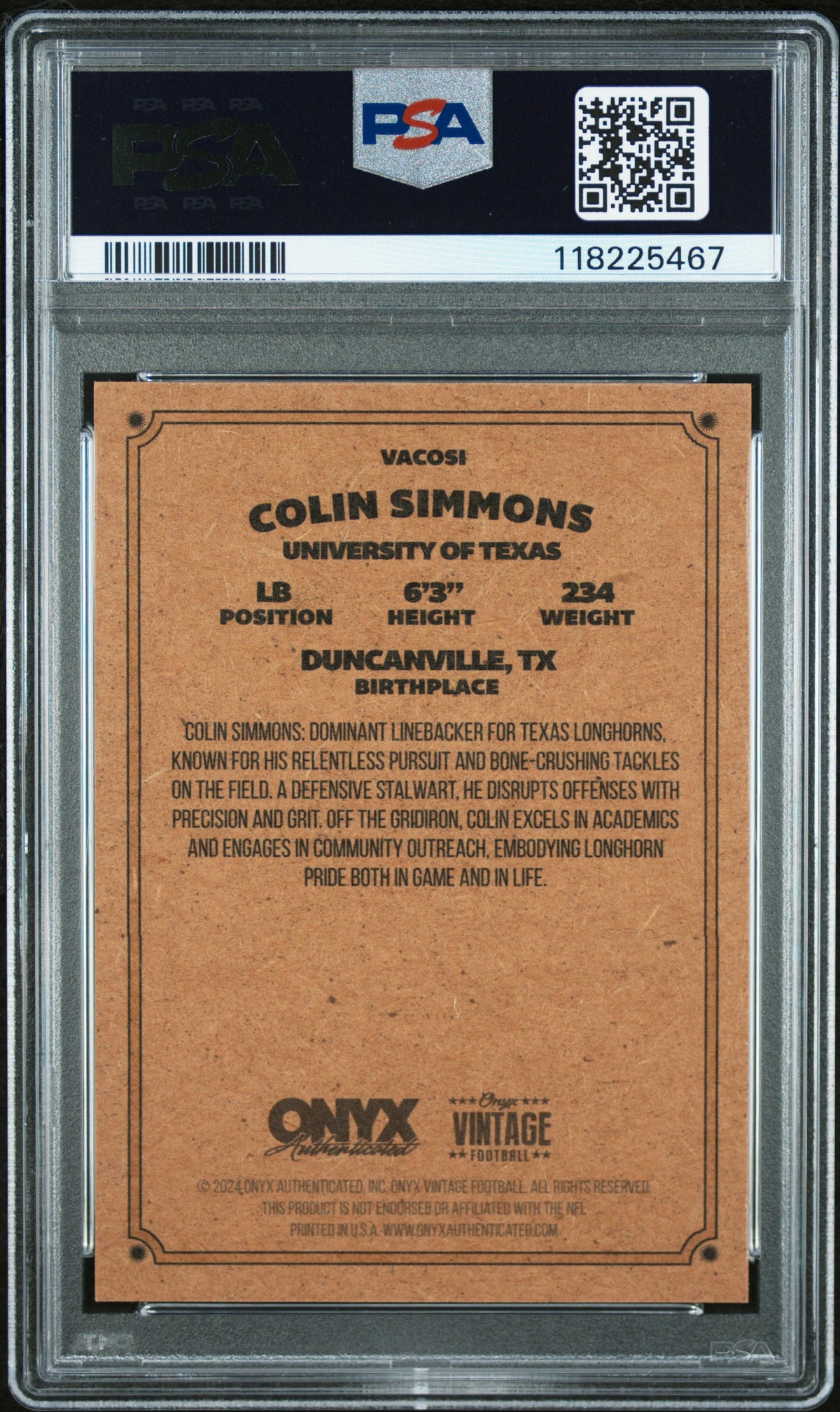 Colin Simmons RC 2024 Onyx Vintage Blue Ink Rookie Auto PSA 9-2