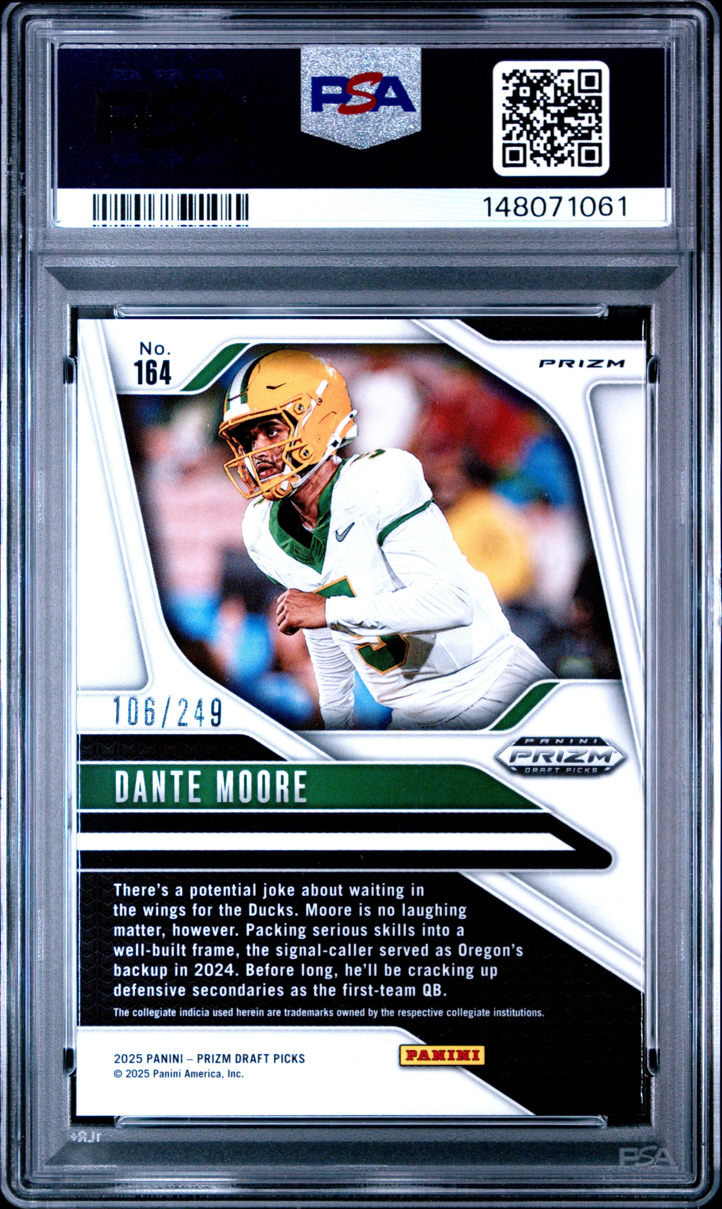 Dante Moore RC 2025 Panini Prizm Draft Blue Rookie SP 106/249 PSA 9