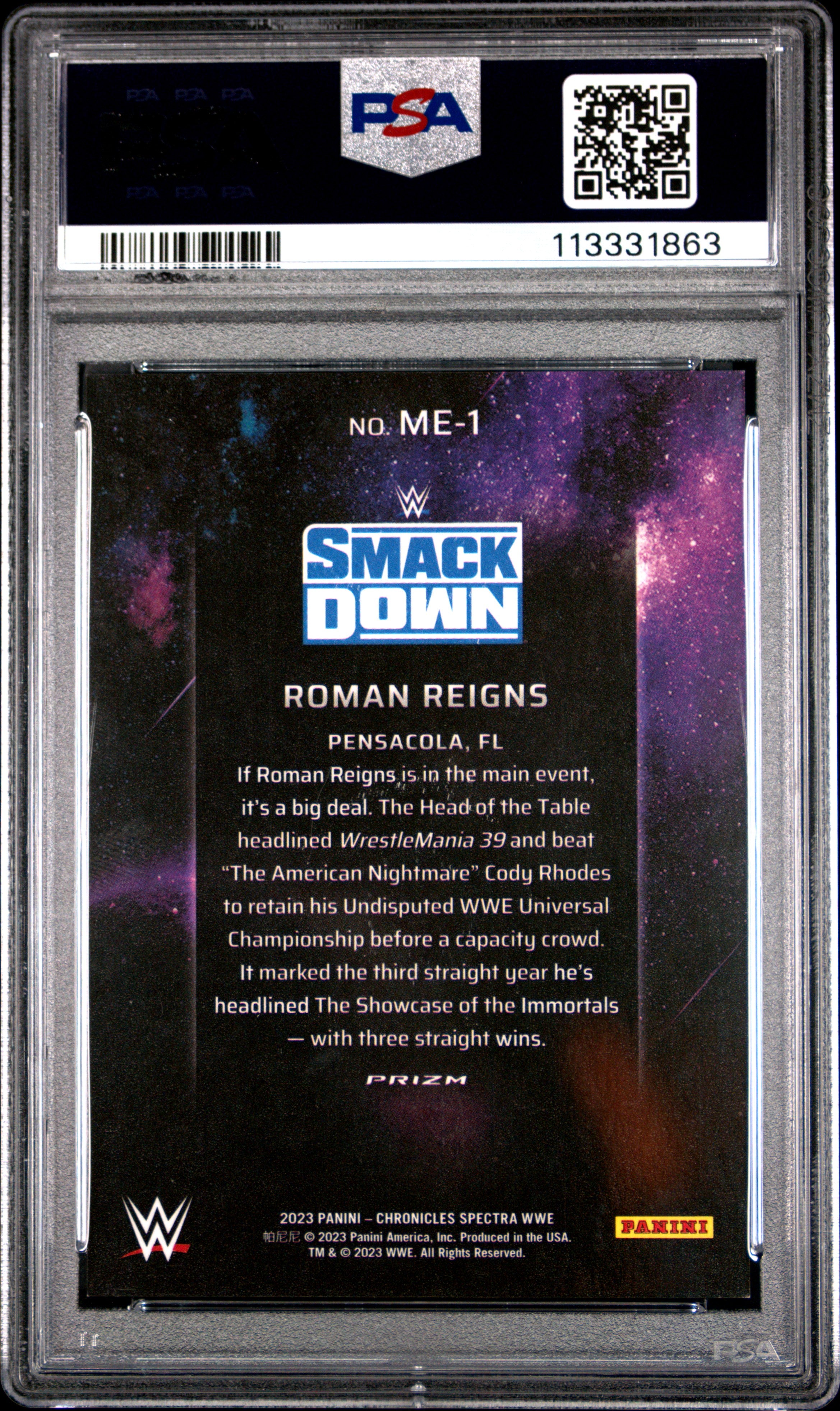 Roman Reigns 2023 Panini Chronicles WWE Spectra Main Event SSP PSA 9-2