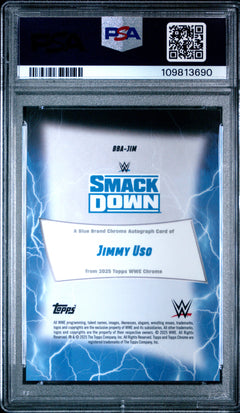 Jimmy Uso 2025 Topps Chrome WWE Purple Geometric Blue Brand Auto SP 3/10 PSA 9-2