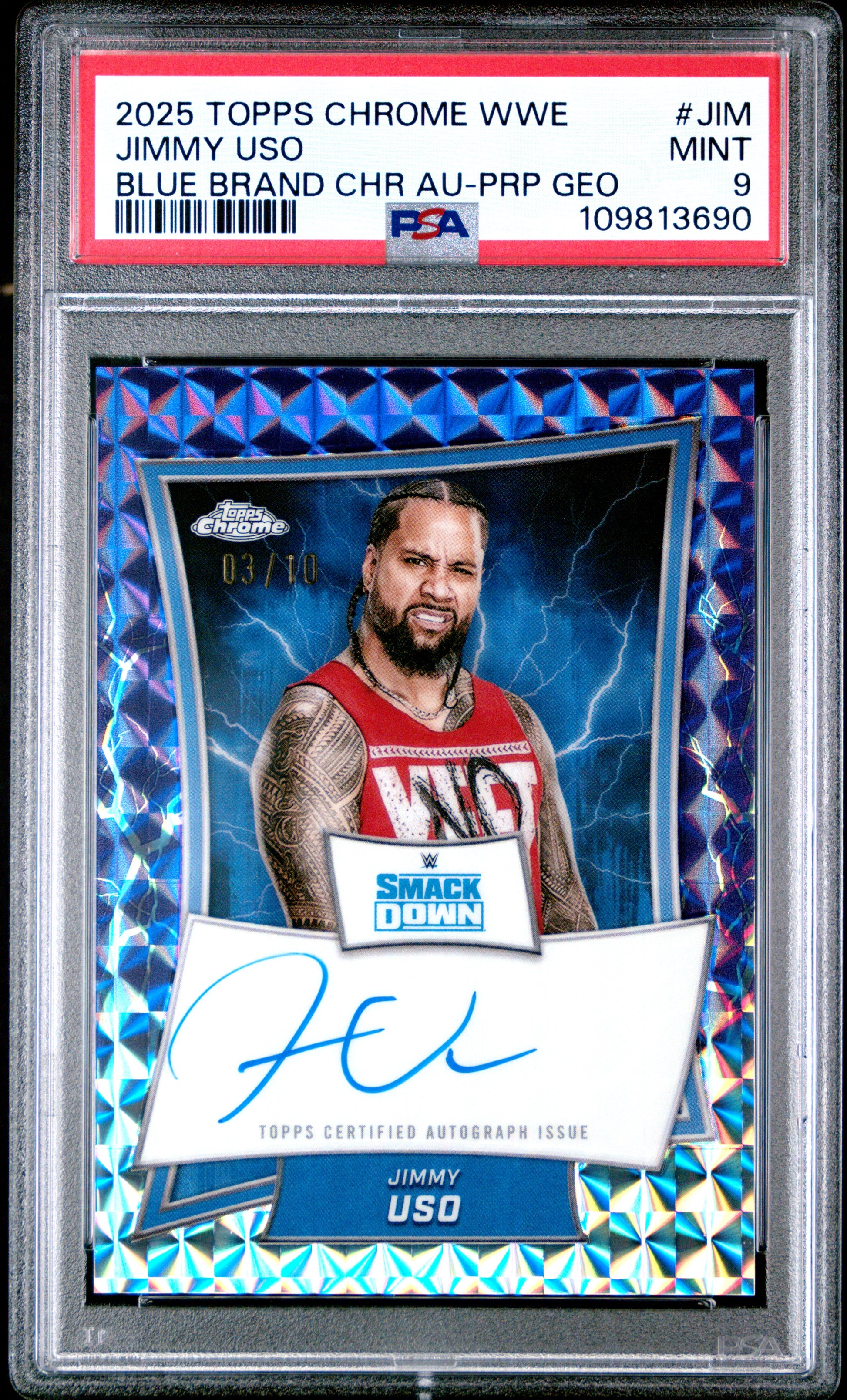 Jimmy Uso 2025 Topps Chrome WWE Purple Geometric Blue Brand Auto SP 3/10 PSA 9-1