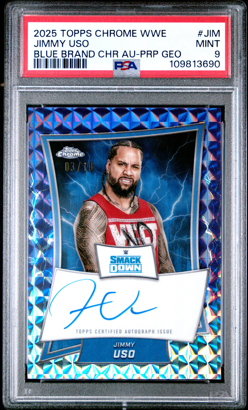 Jimmy Uso 2025 Topps Chrome WWE Purple Geometric Blue Brand Auto SP 3/10 PSA 9-1