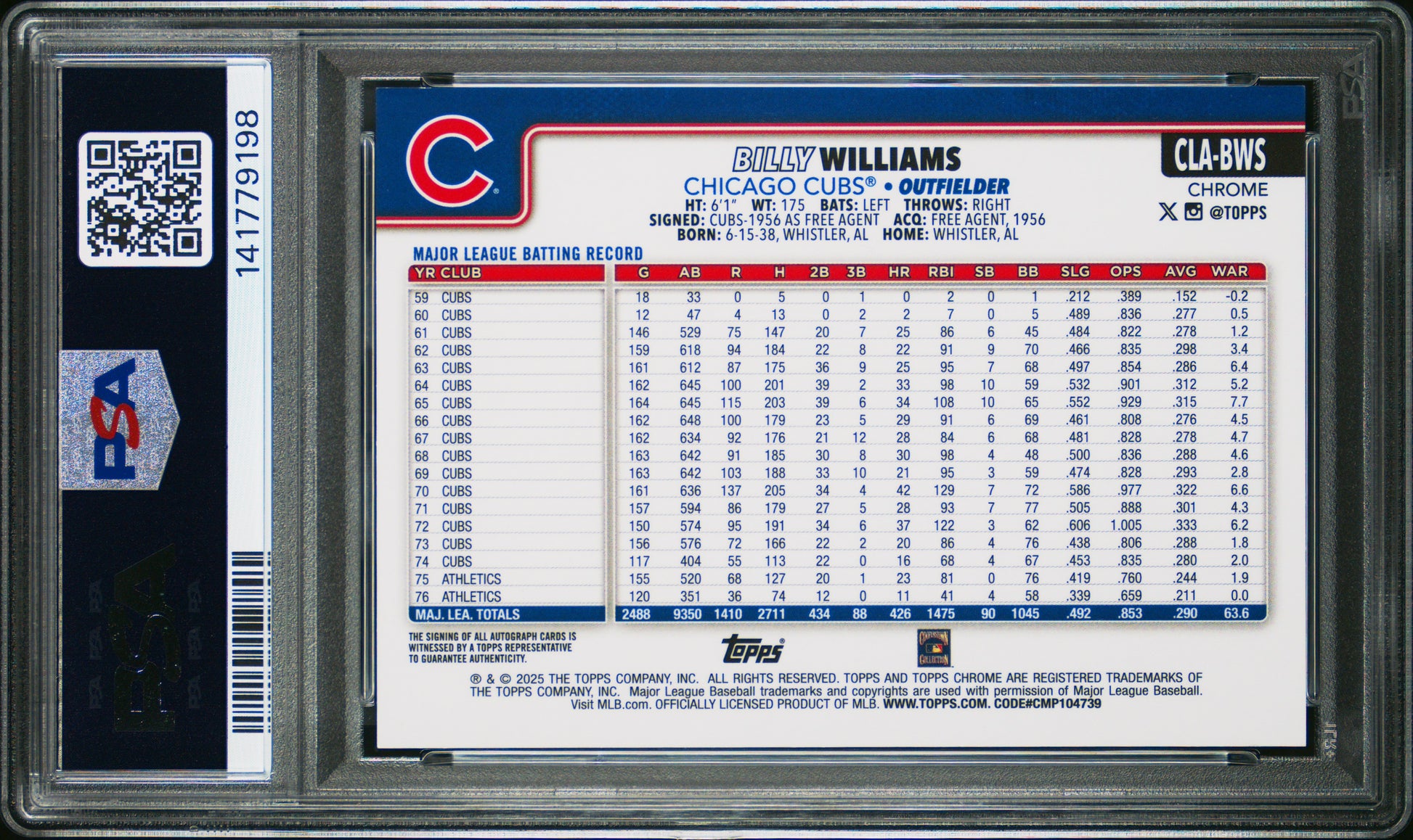 Billy Williams 2025 Topps Chrome Legends Refractor Auto SP 37/50 PSA 9-2