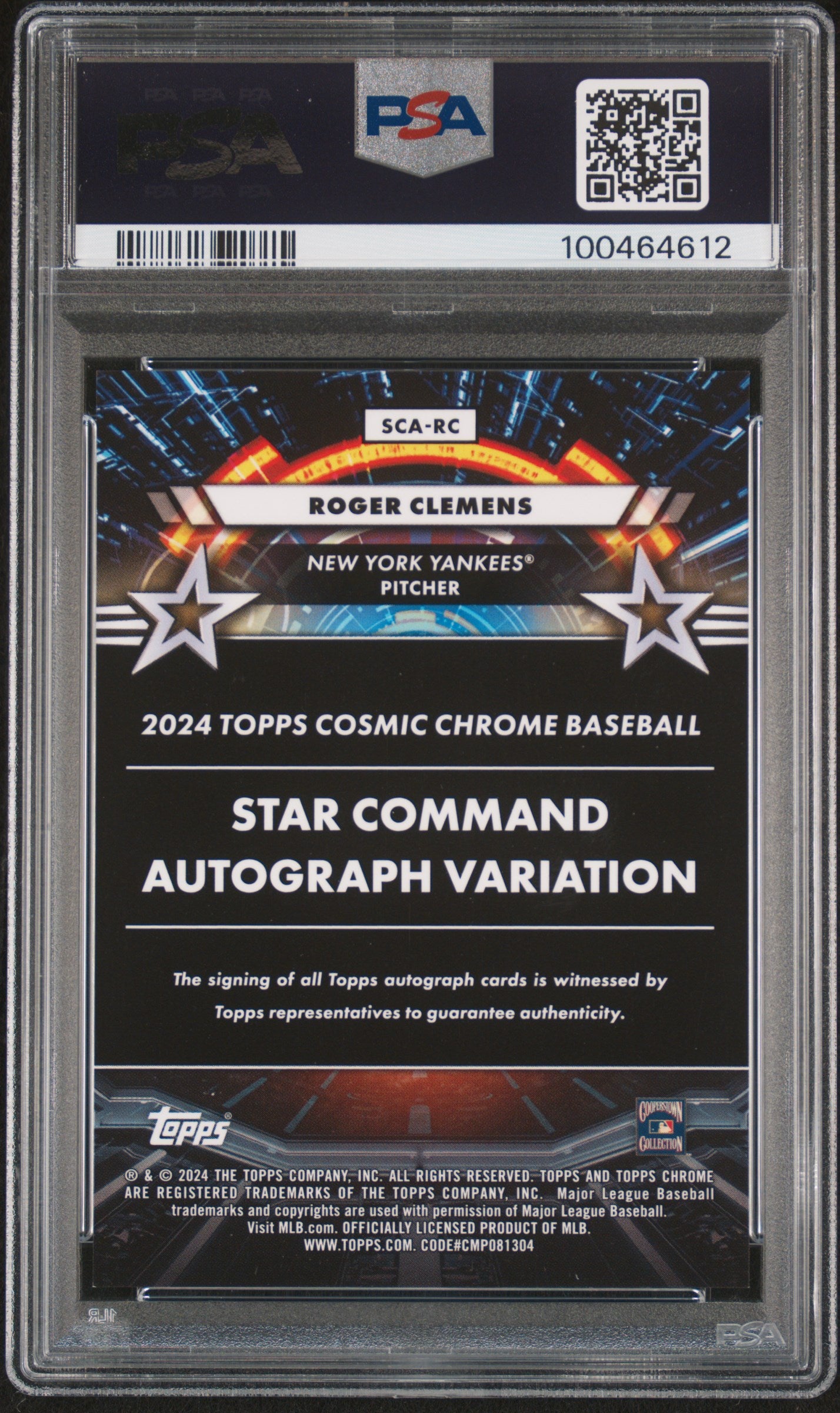 Roger Clemens 2024 Topps Cosmic Chrome Star Command Auto PSA 9-2