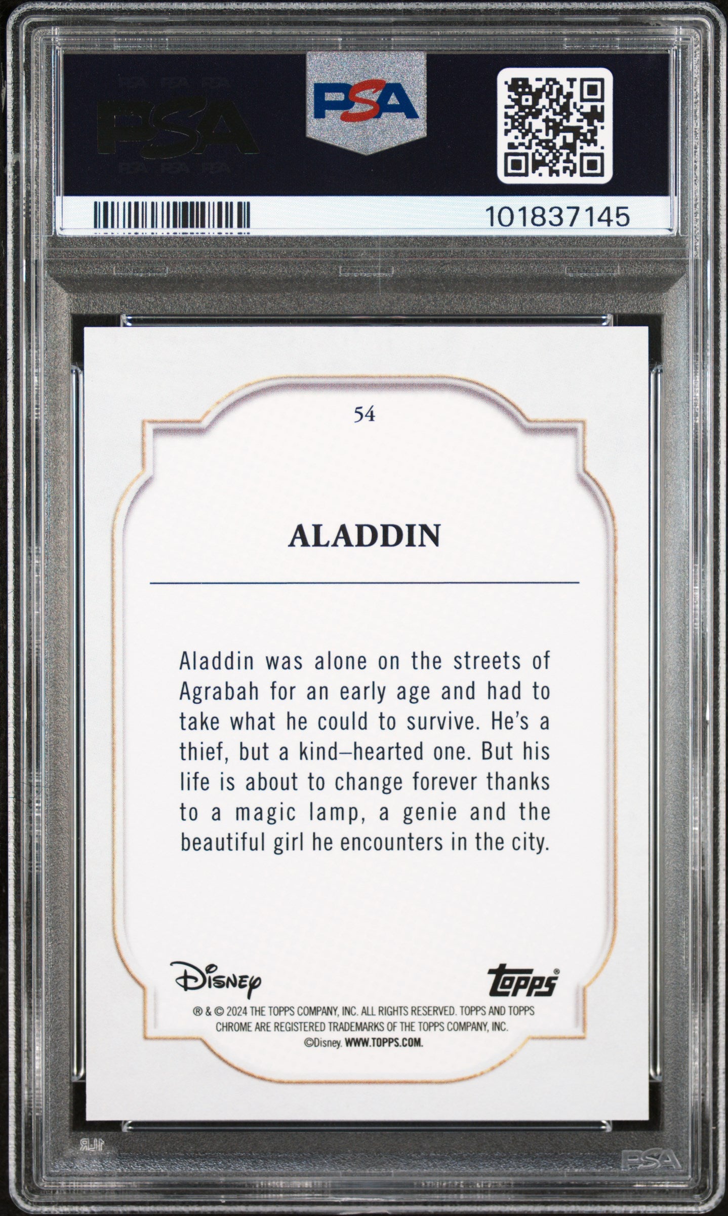 Aladdin 2024 Topps Chrome Disney Dark Light Blue Lava Refractor SP 67/75 PSA 9-2