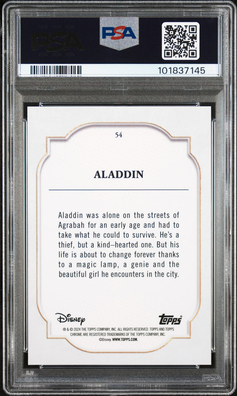 Aladdin 2024 Topps Chrome Disney Dark Light Blue Lava Refractor SP 67/75 PSA 9-2