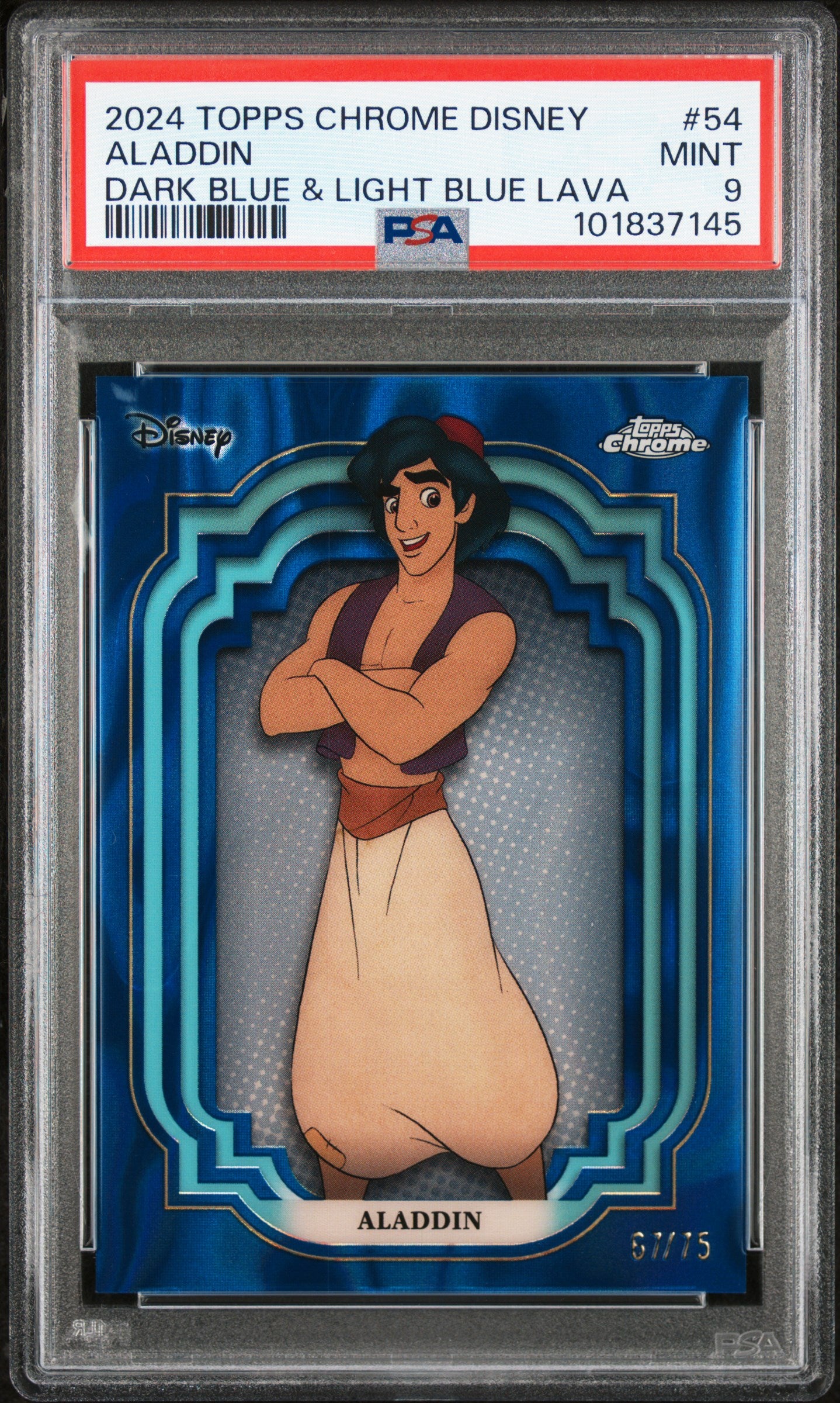 Aladdin 2024 Topps Chrome Disney Dark Light Blue Lava Refractor SP 67/75 PSA 9-1