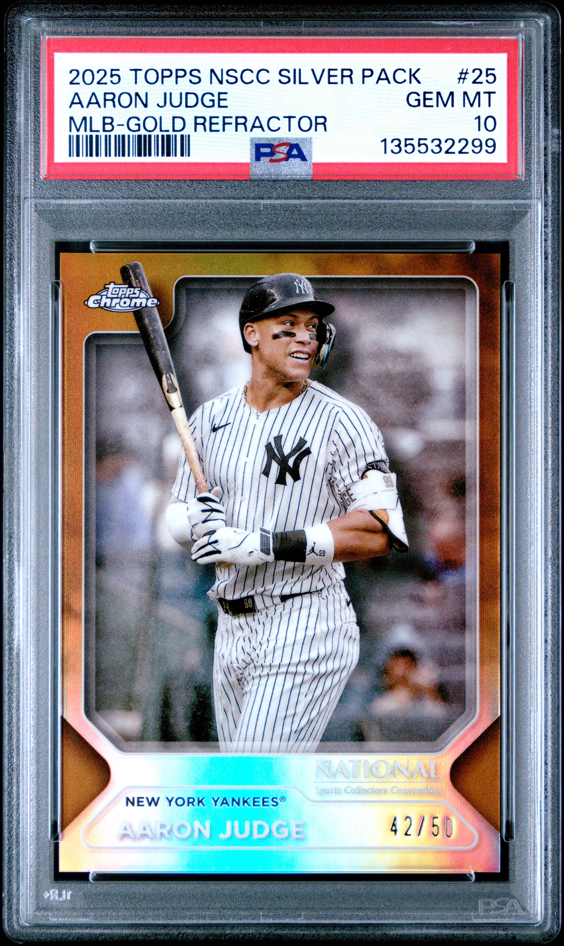 Aaron Judge 2025 Topps Chrome National Convention Gold Refractor SP 42/50 PSA 10-1