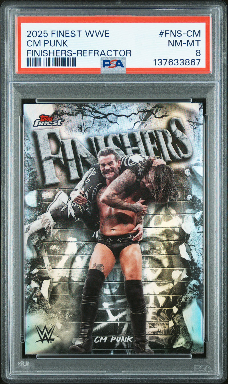 CM Punk 2025 Topps Finest WWE Refractor Finishers PSA 8-1