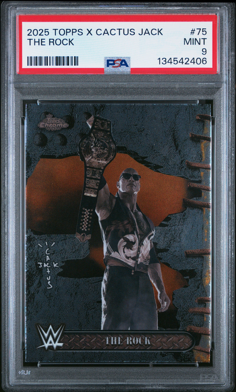 The Rock 2025 Topps Chrome X Cactus Jack WWE #75 PSA 9-1