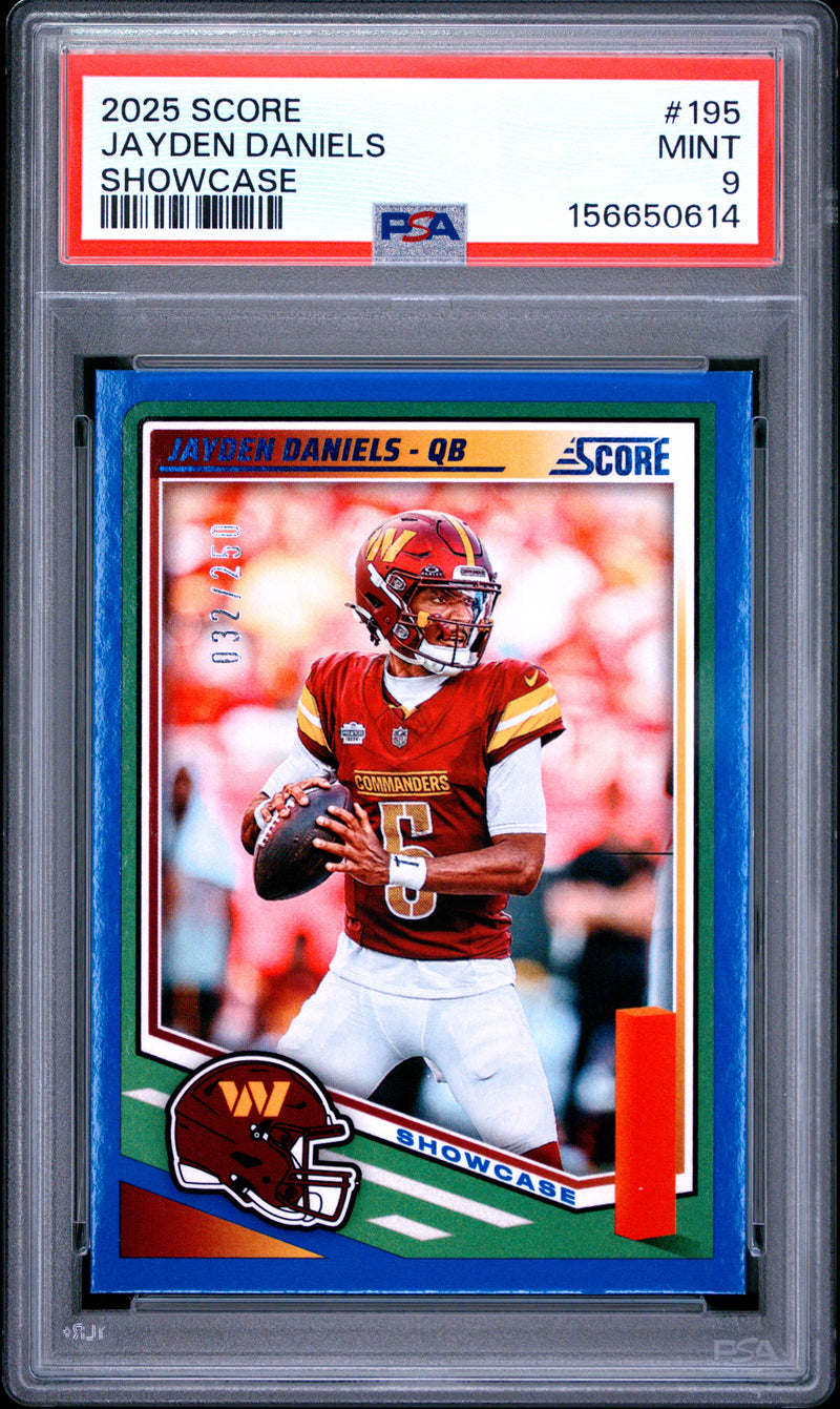 Jayden Daniels 2025 Panini Score Blue Showcase SP 32/250 PSA 9-1