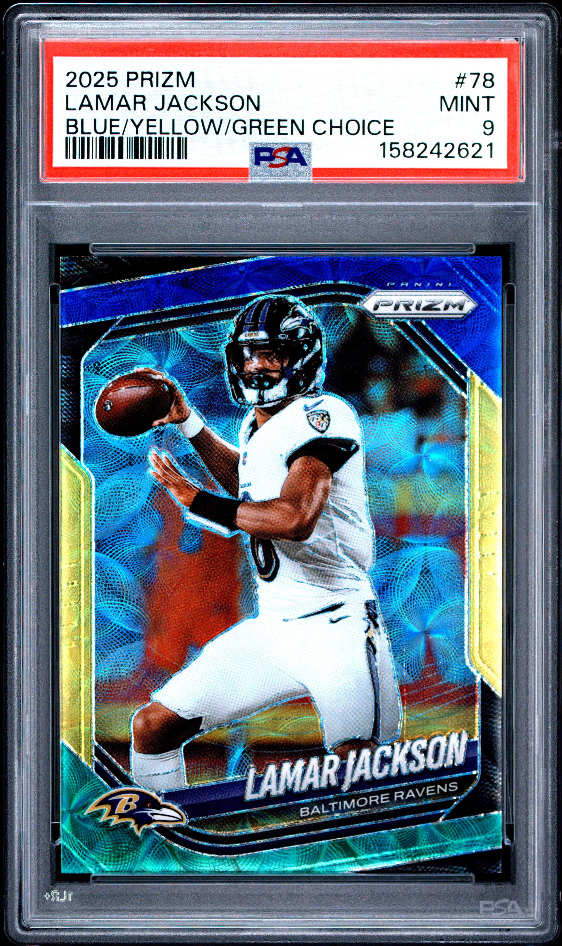 Lamar Jackson 2025 Panini Prizm Blue Yellow Green Choice #78 PSA 9
