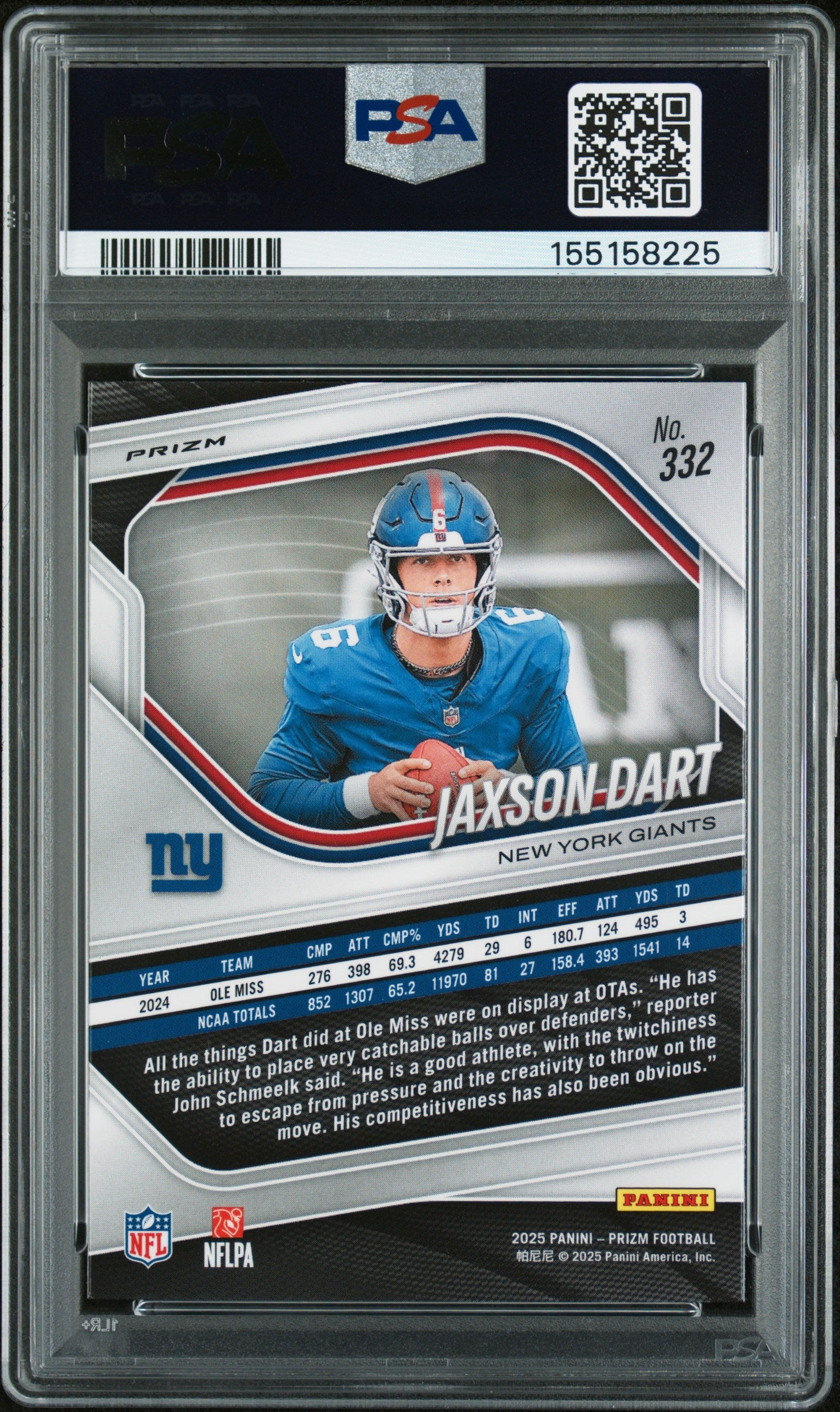 Jaxson Dart RC 2025 Panini Prizm Lazer Rookie #332 PSA 8-2