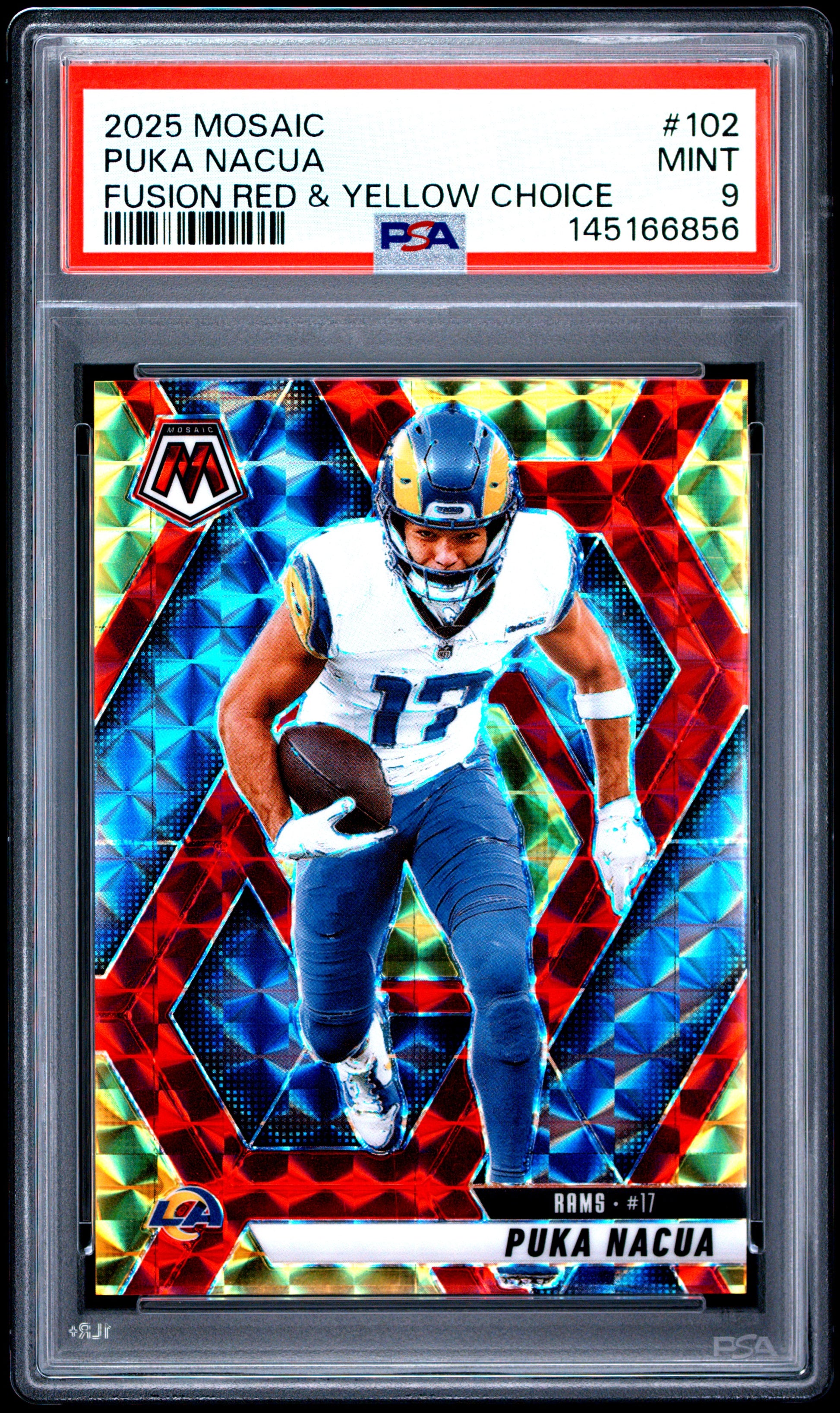Puka Nacua 2025 Panini Mosaic Red Yellow Fusion SP 60/89 PSA 9-1