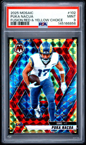 Puka Nacua 2025 Panini Mosaic Red Yellow Fusion SP 60/89 PSA 9