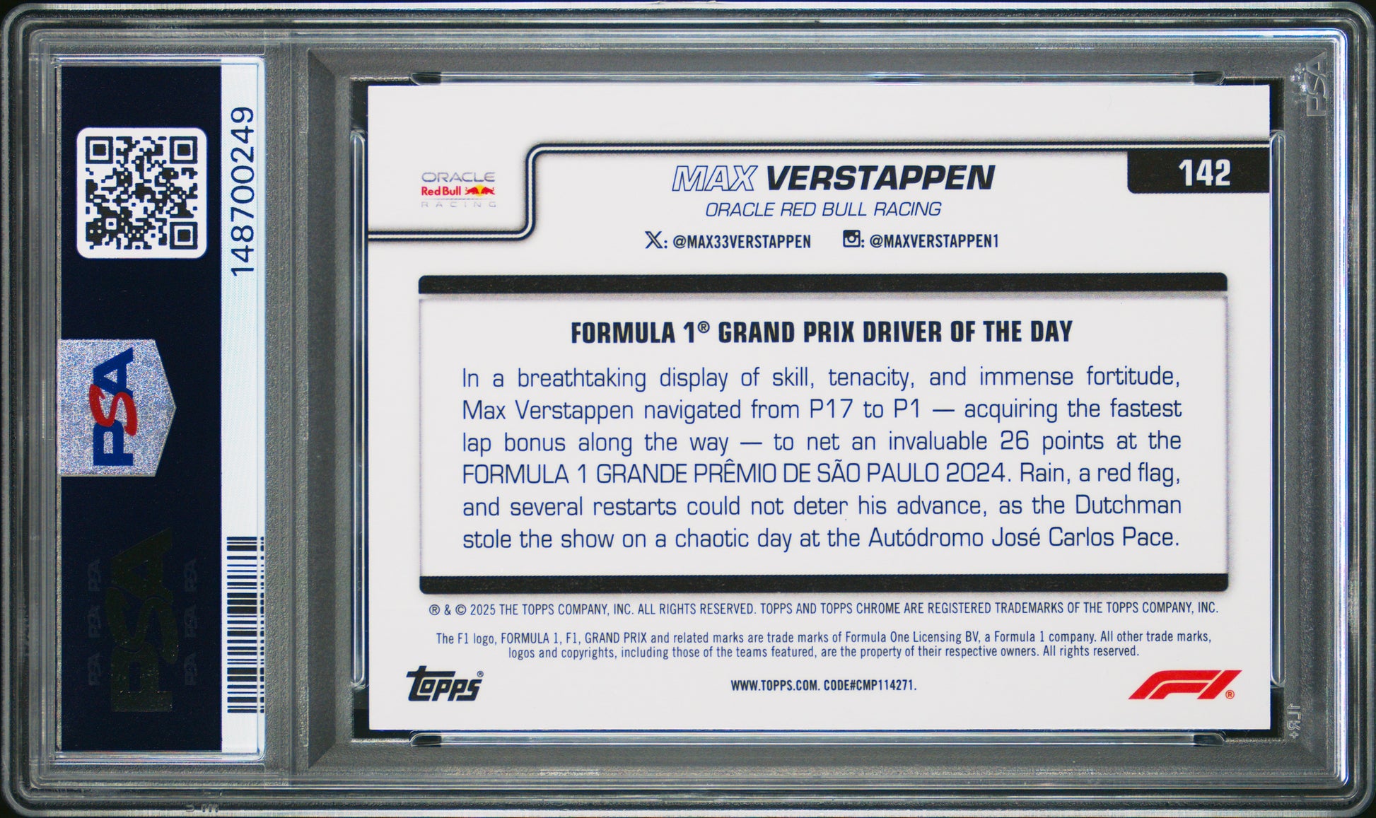 Max Verstappen 2025 Topps Chrome F1 Blue Checker Flag Refractor SP 53/150 PSA 8-2