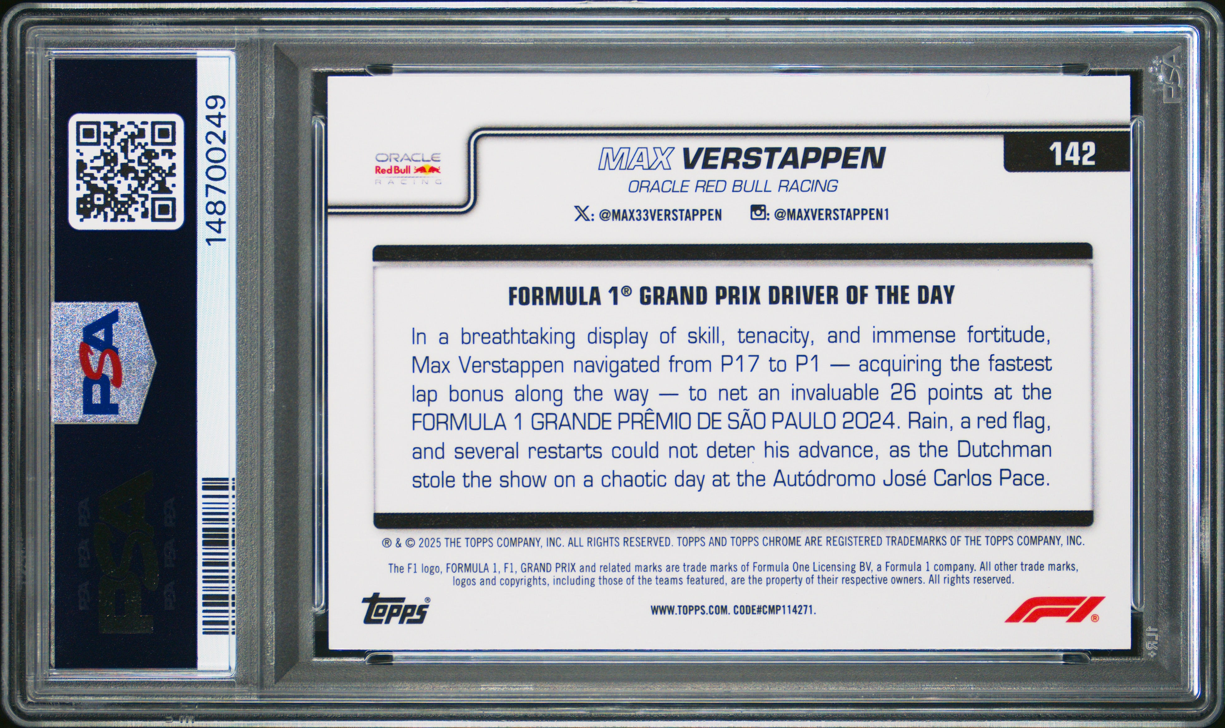 Max Verstappen 2025 Topps Chrome F1 Blue Checker Flag Refractor SP 53/150 PSA 8-2