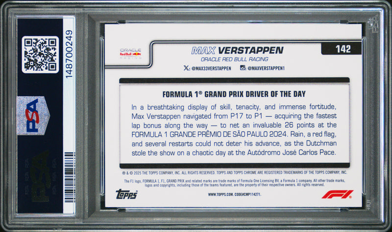 Max Verstappen 2025 Topps Chrome F1 Blue Checker Flag Refractor SP 53/150 PSA 8-2