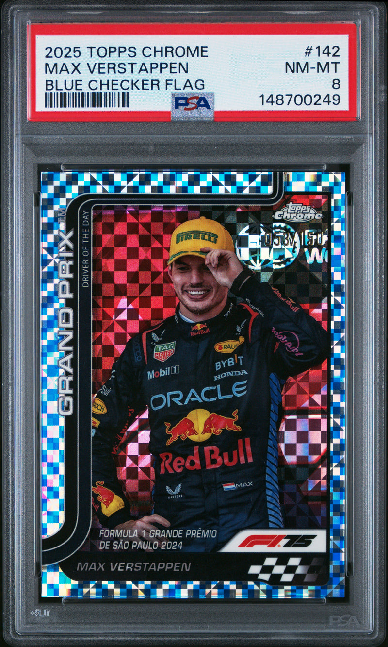 Max Verstappen 2025 Topps Chrome F1 Blue Checker Flag Refractor SP 53/150 PSA 8-1