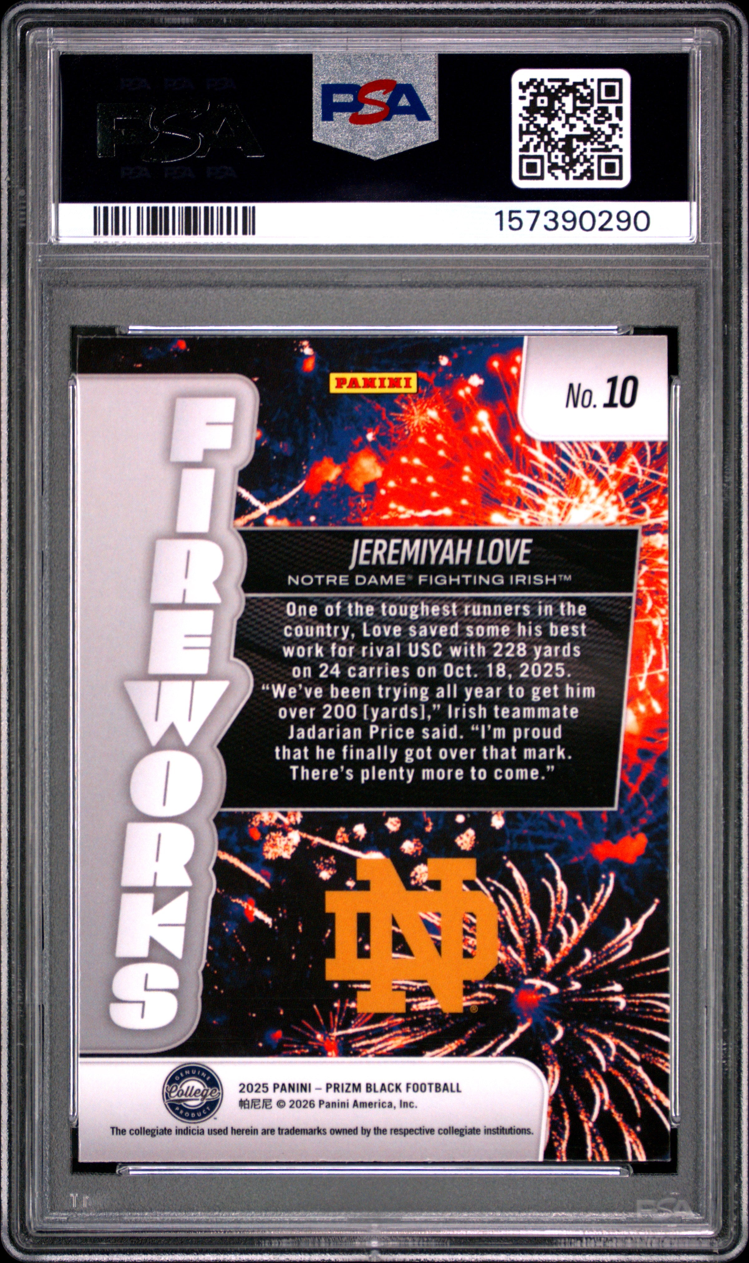 Jeremiyah Love RC 2025 Panini Prizm Black Fireworks Rookie #10 PSA 9-2