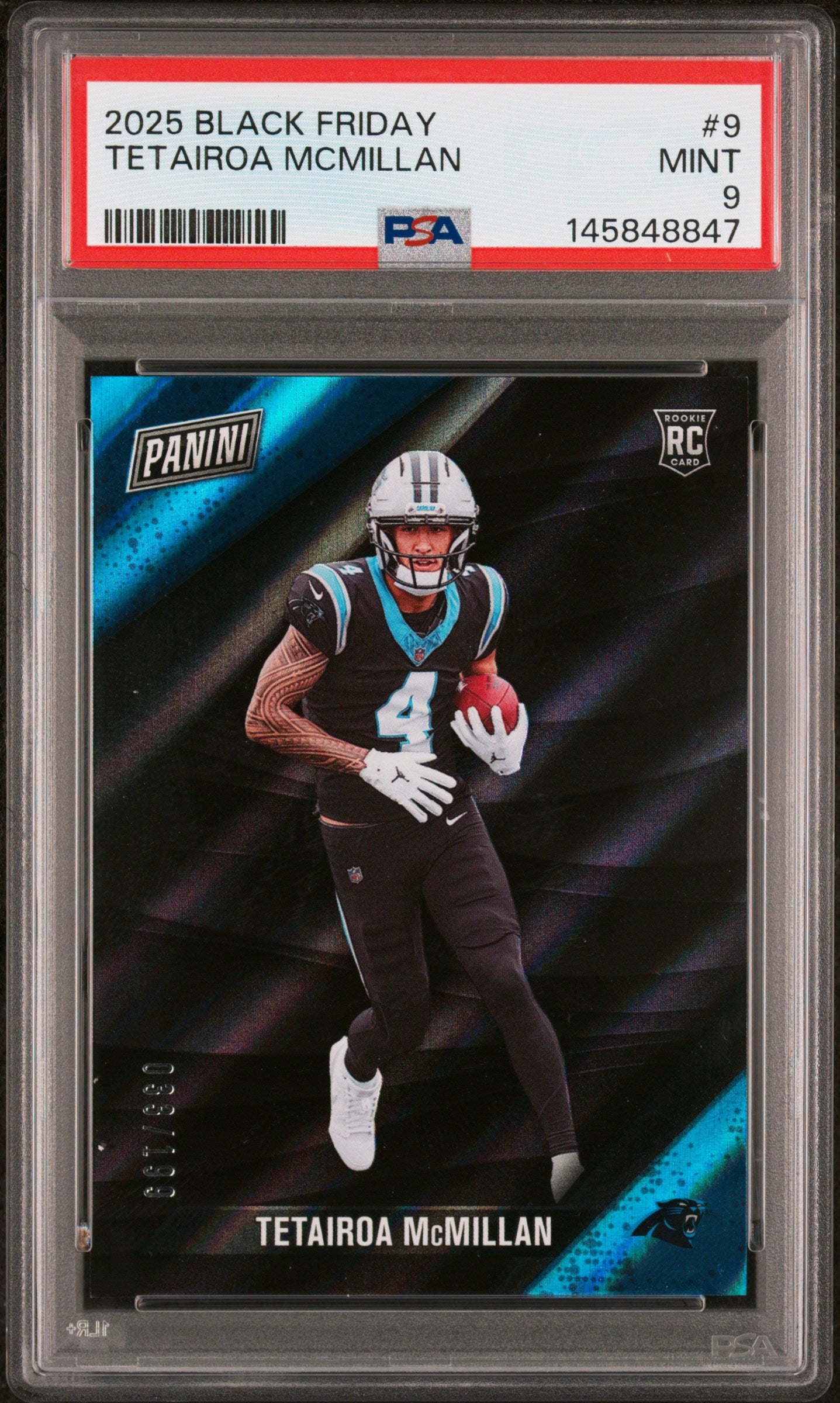 Tetairoa Mcmillan RC 2025 Panini Black Friday Rookie SP 33/199 PSA 9