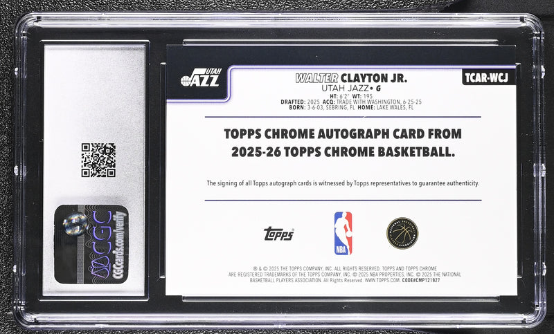 Walter Clayton Jr RC 2025-26 Topps Chrome Rookie Auto CGC 10-2