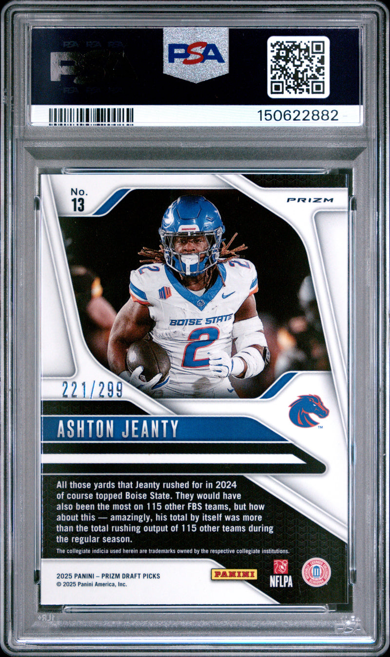 Ashton Jeanty RC 2025 Panini Prizm Draft Blue Wave Rookie SP 221/299 PSA 9-2