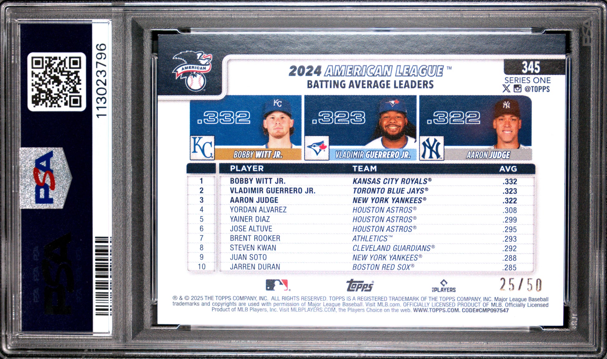 Guerrero Jr Judge Witt Jr 2025 Topps Gold Holo Foil American League Leaders SP 25/50 PSA 9-2