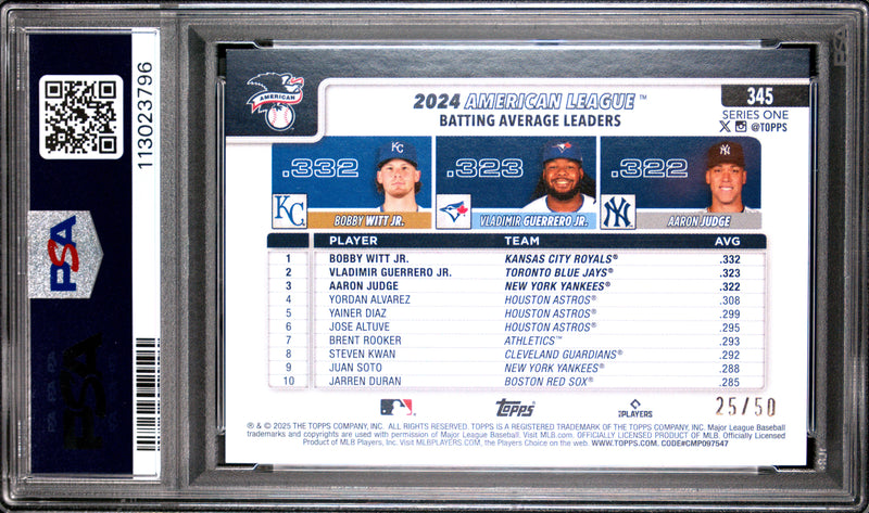 Guerrero Jr Judge Witt Jr 2025 Topps Gold Holo Foil American League Leaders SP 25/50 PSA 9-2