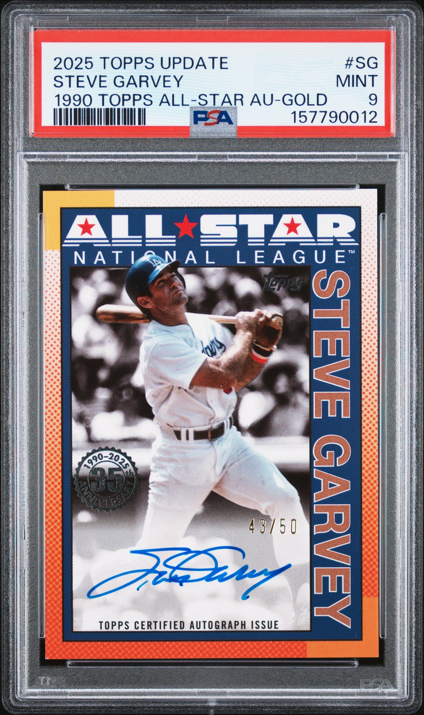 Steve Garvey 2025 Topps Update 1990 Throwback Gold All Star Auto SP 43/50 PSA 9-1