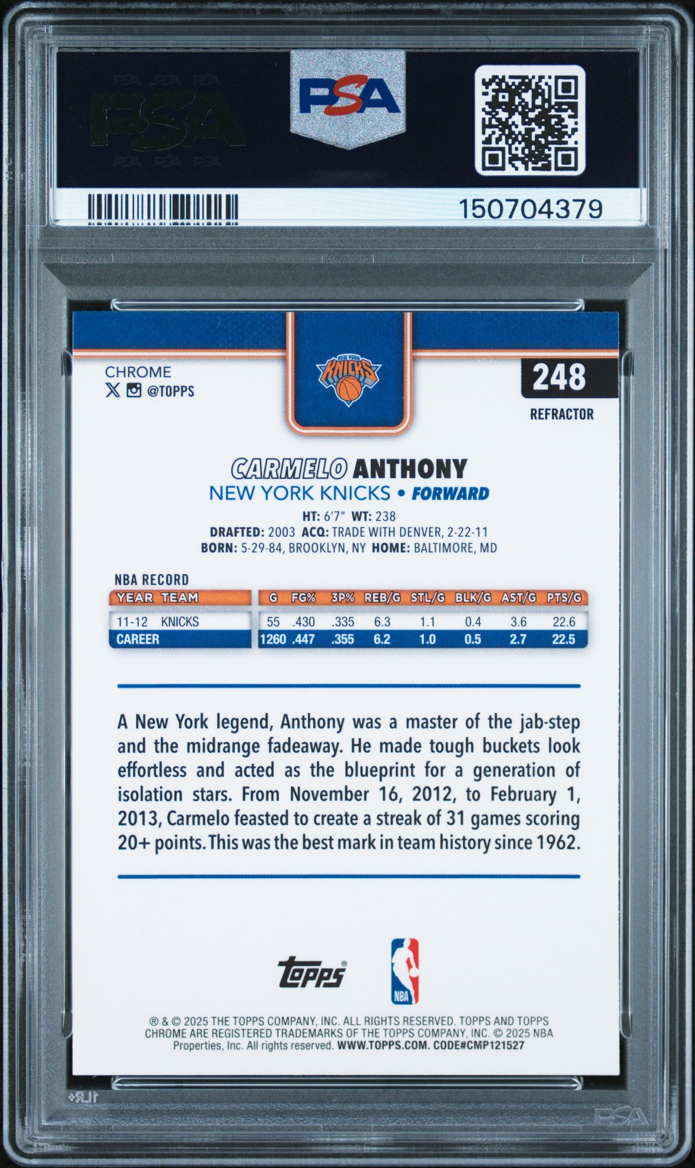 Carmelo Anthony 2025-26 Topps Chrome Refractor #248 PSA 10-2