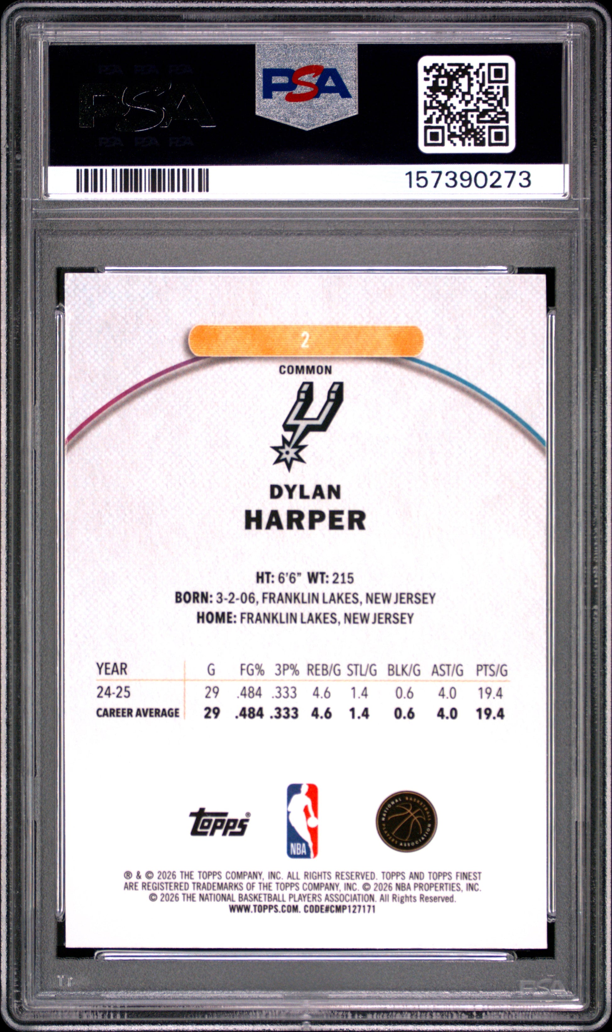 Dylan Harper RC 2025-26 Topps Finest Oil Spill Refractor Rookie #2 PSA 9-2