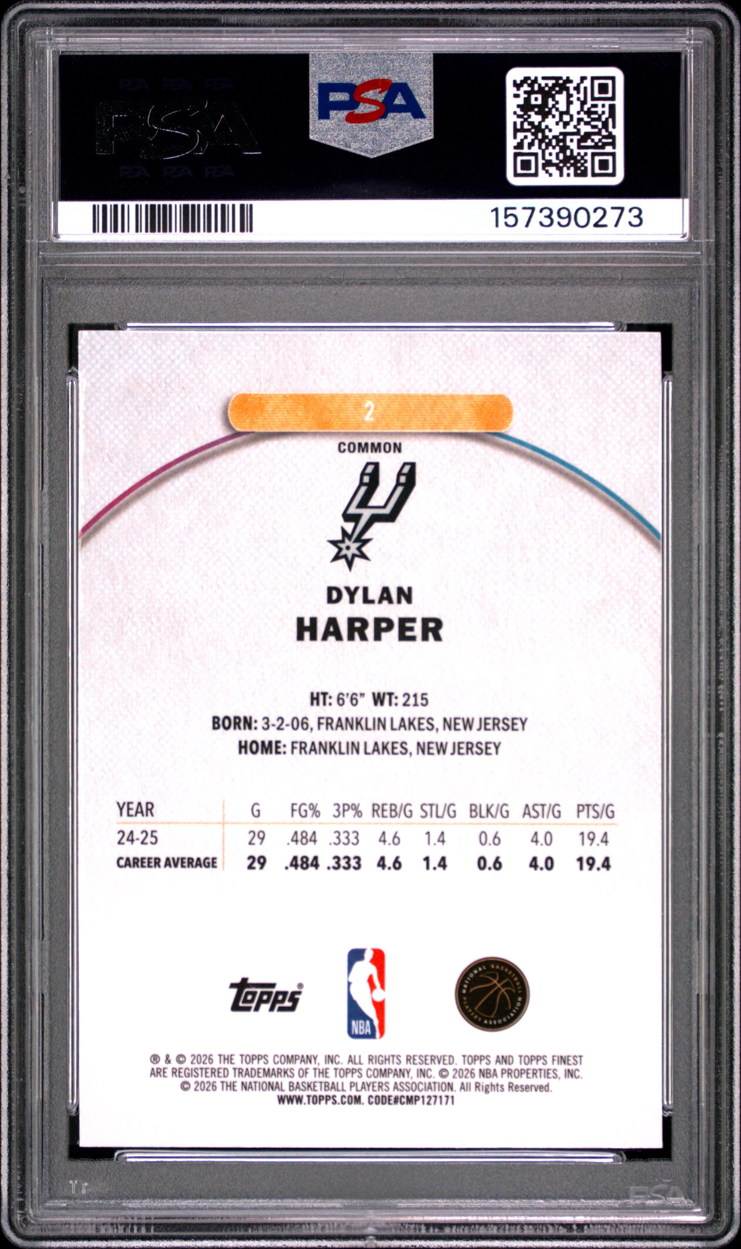 Dylan Harper RC 2025-26 Topps Finest Oil Spill Refractor Rookie #2 PSA 9-2