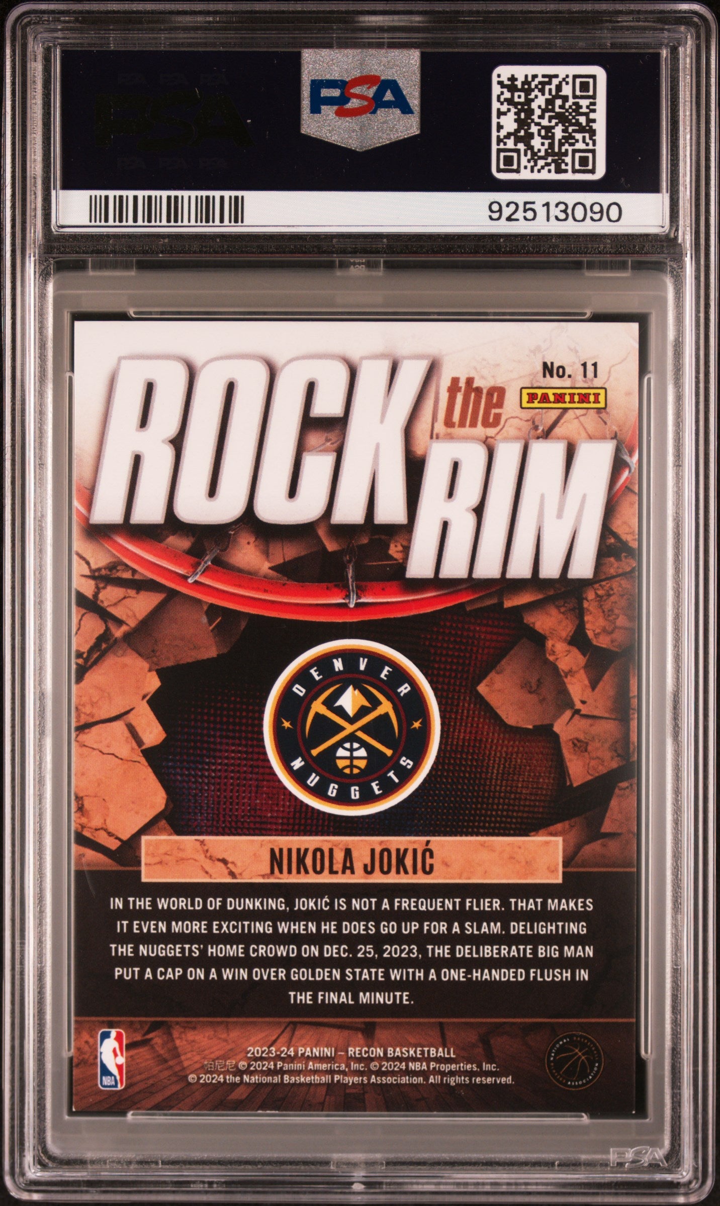 Nikola Jokic 2023-24 Panini Recon Effect Rock The Rim SP 12/25 PSA 9-2