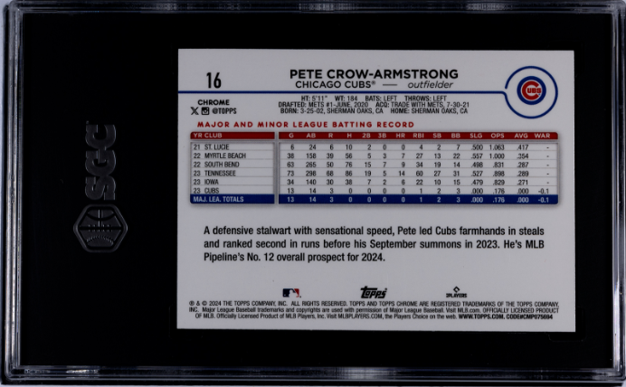 Pete Crow-Armstrong RC 2024 Topps Chrome Purple Refractor Rookie SP 34/250 SGC 9-2