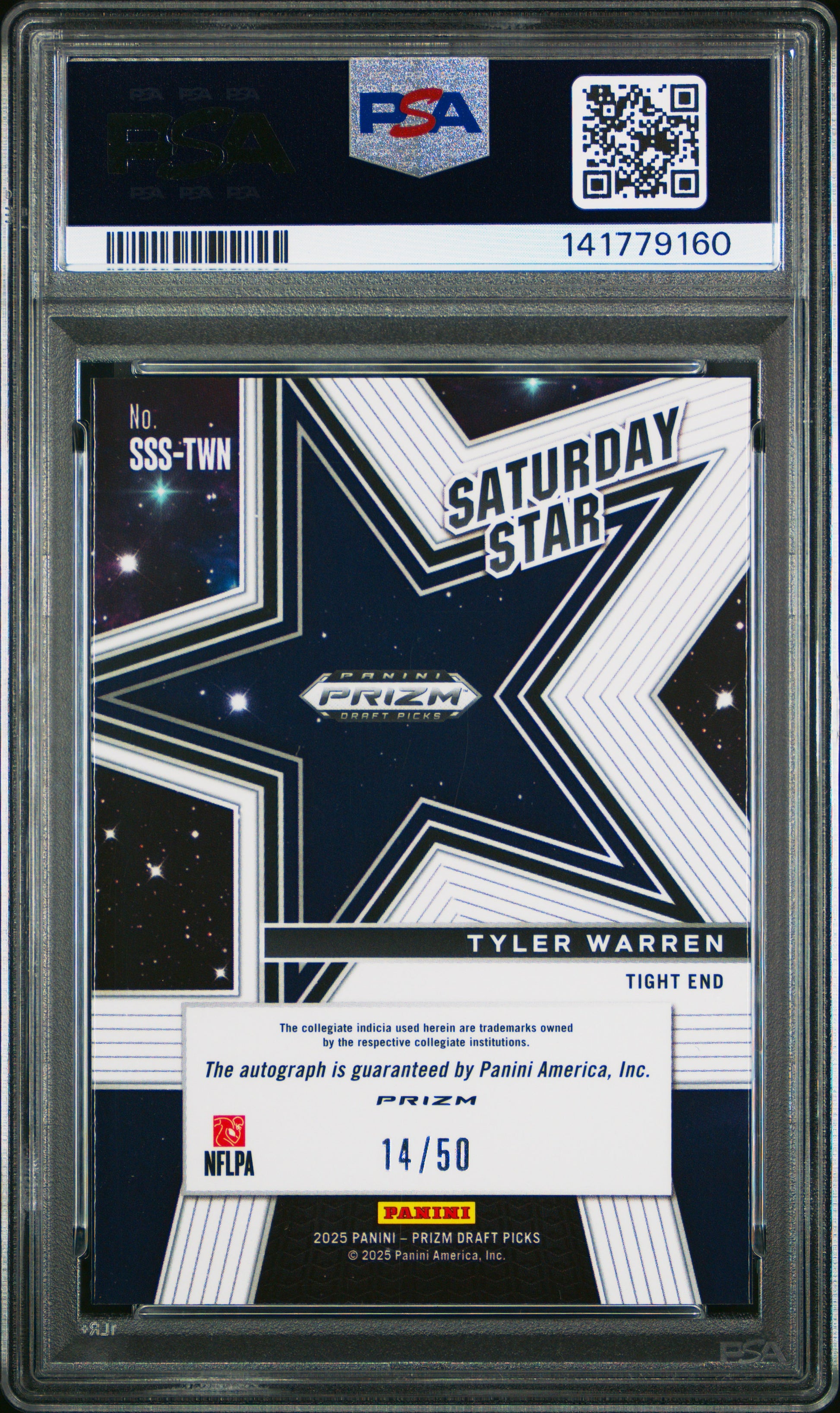 Tyler Warren RC 2025 Panini Prizm Draft Purple Ice Saturday Star Rookie Auto SP 14/50 PSA 10-2