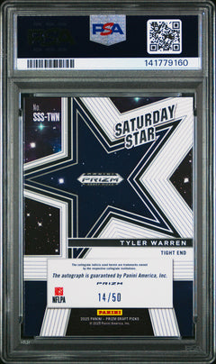 Tyler Warren RC 2025 Panini Prizm Draft Purple Ice Saturday Star Rookie Auto SP 14/50 PSA 10-2