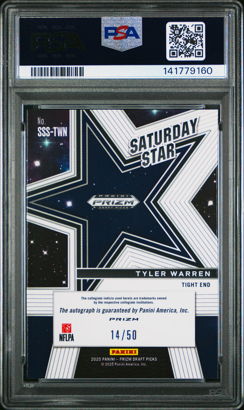 Tyler Warren RC 2025 Panini Prizm Draft Purple Ice Saturday Star Rookie Auto SP 14/50 PSA 10-2