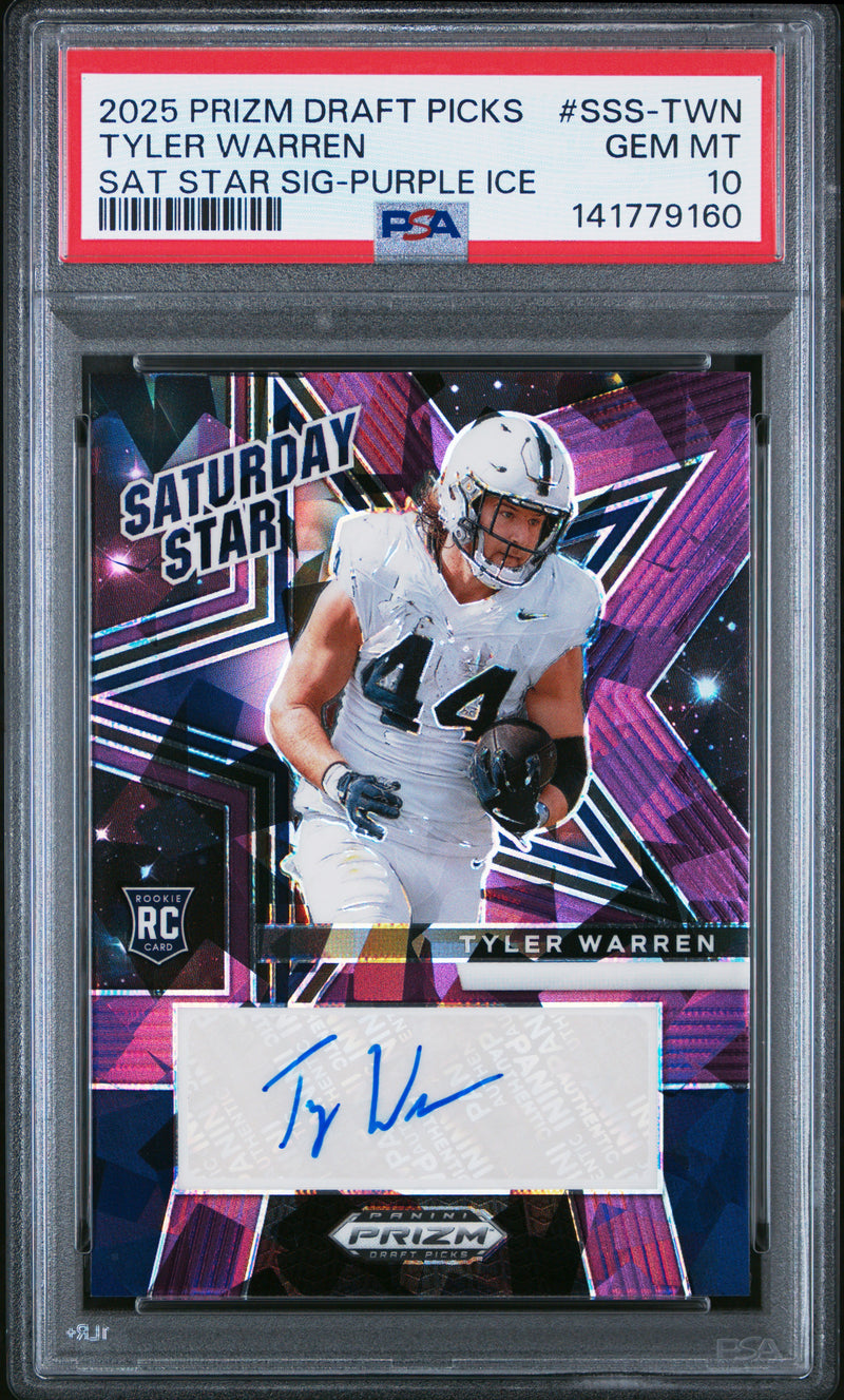 Tyler Warren RC 2025 Panini Prizm Draft Purple Ice Saturday Star Rookie Auto SP 14/50 PSA 10-1
