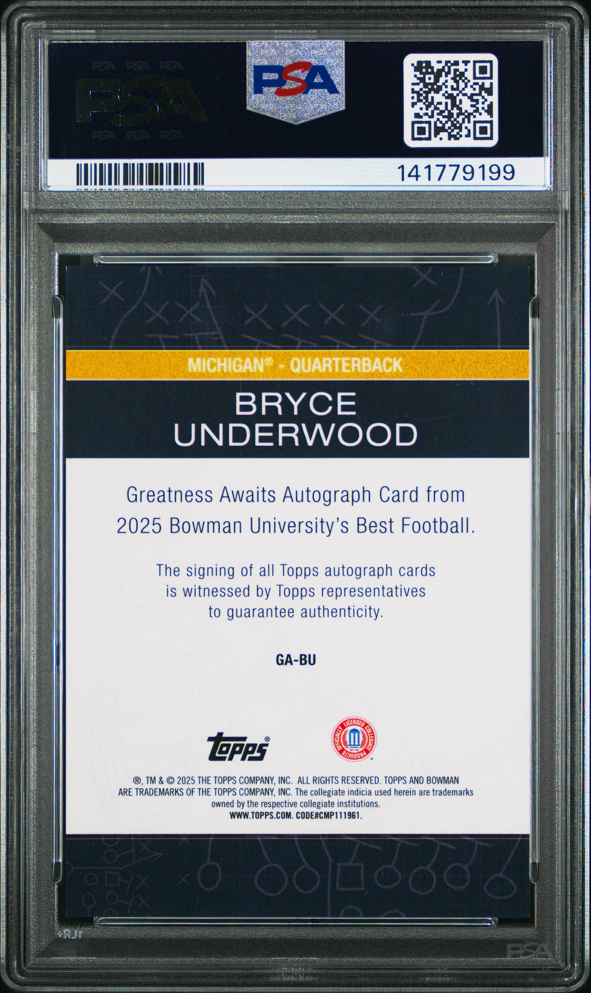 Bryce Underwood RC 2025 Bowman U Best Greatness Awaits Rookie Auto PSA 9-2