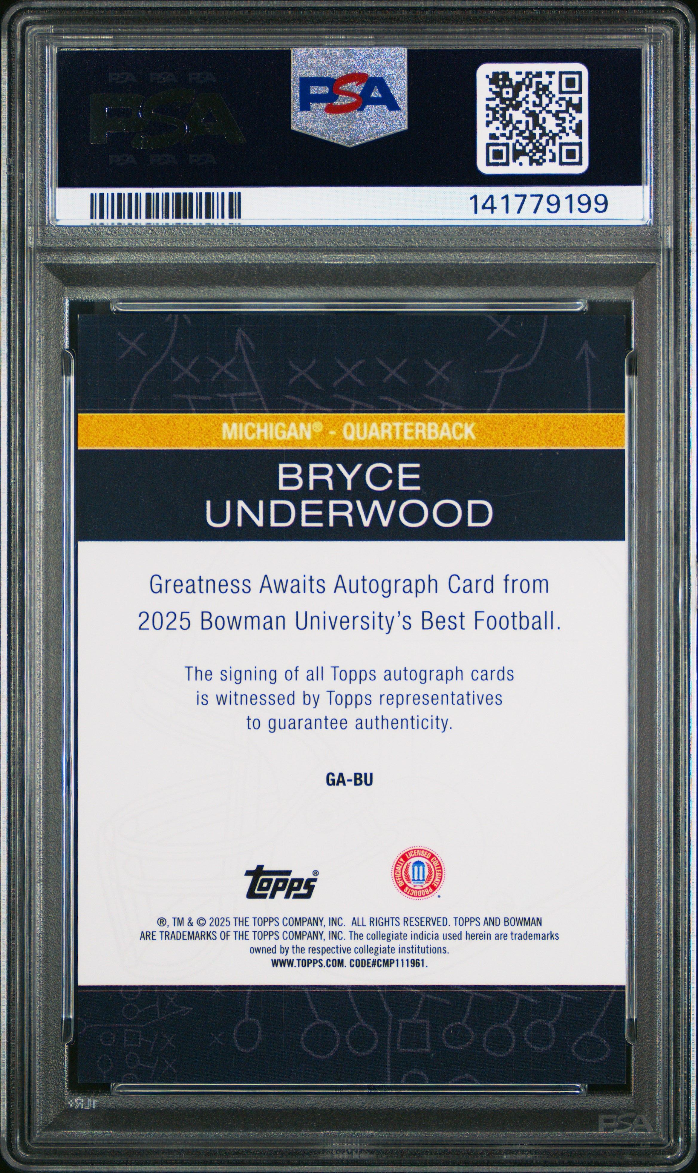 Bryce Underwood RC 2025 Bowman U Best Greatness Awaits Rookie Auto PSA 9-2