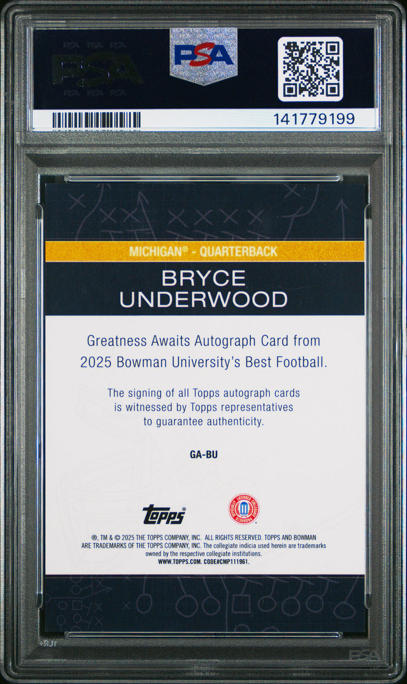 Bryce Underwood RC 2025 Bowman U Best Greatness Awaits Rookie Auto PSA 9-2