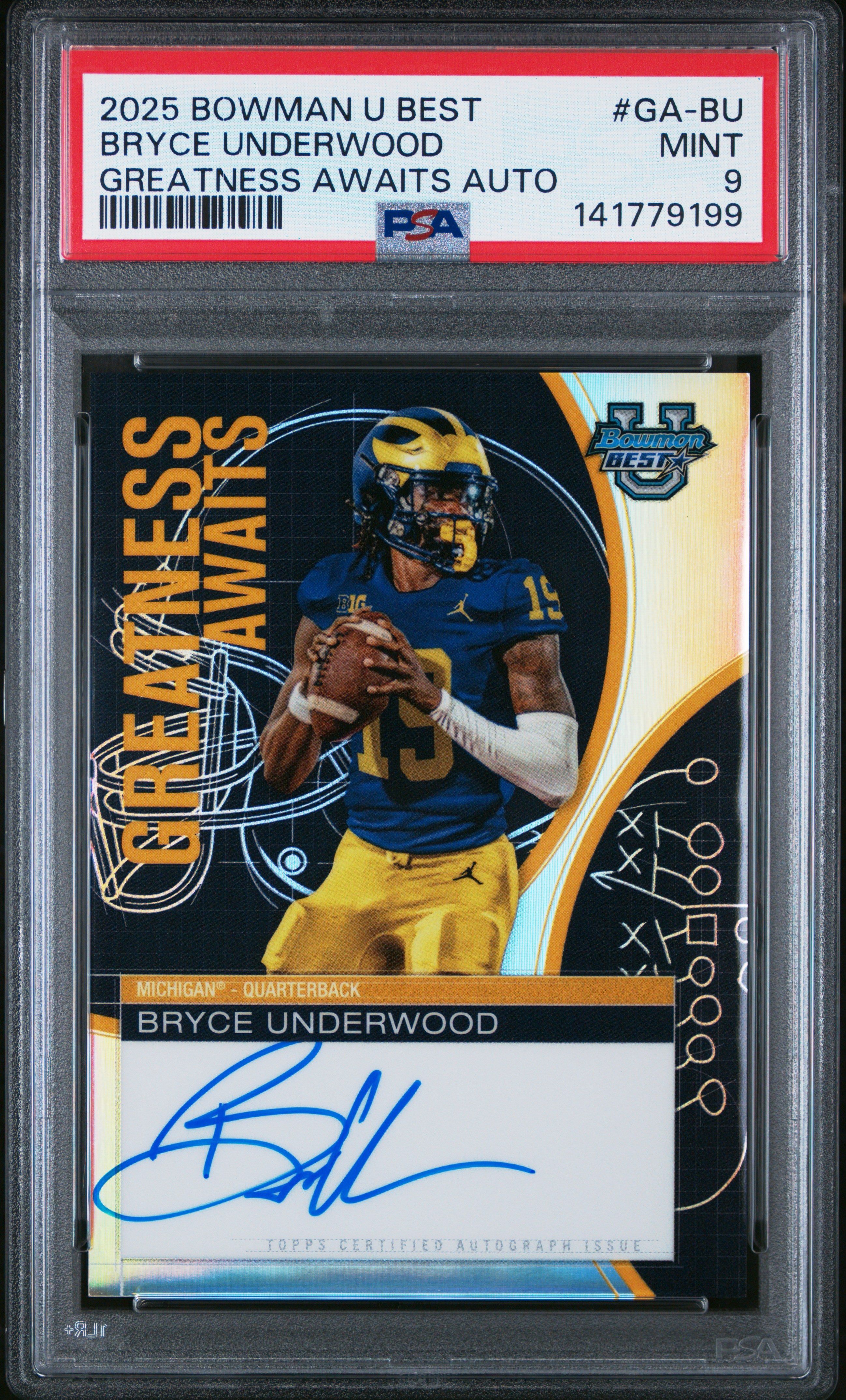 Bryce Underwood RC 2025 Bowman U Best Greatness Awaits Rookie Auto PSA 9
