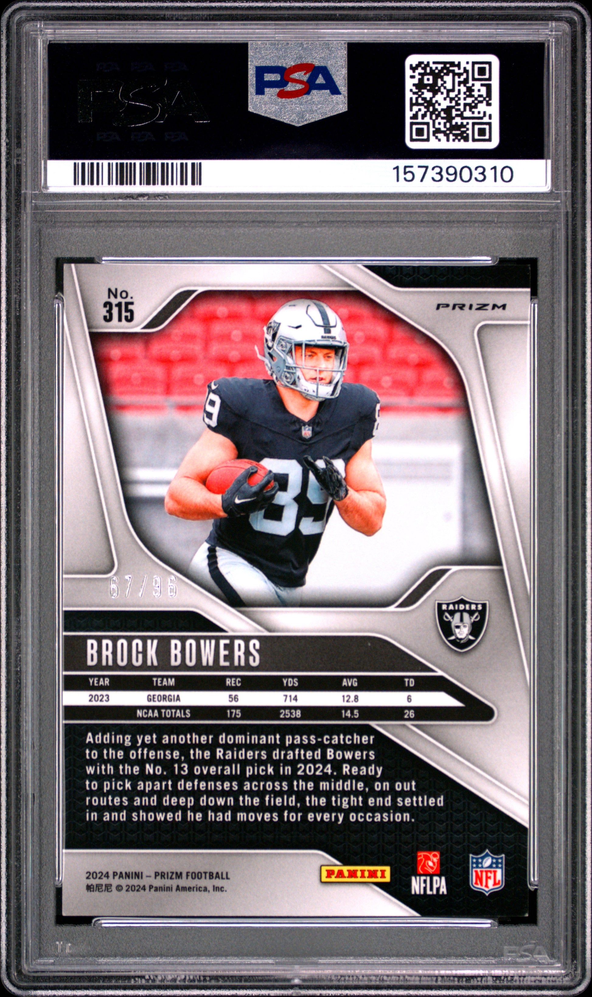 Brock Bowers RC 2024 Panini Prizm Blue Sparkle Rookie SP 67/96 PSA 9-2