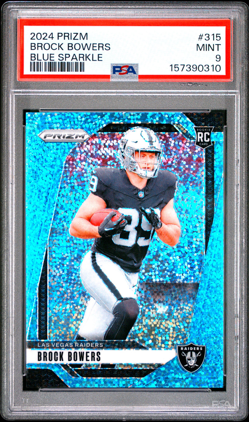 Brock Bowers RC 2024 Panini Prizm Blue Sparkle Rookie SP 67/96 PSA 9-1